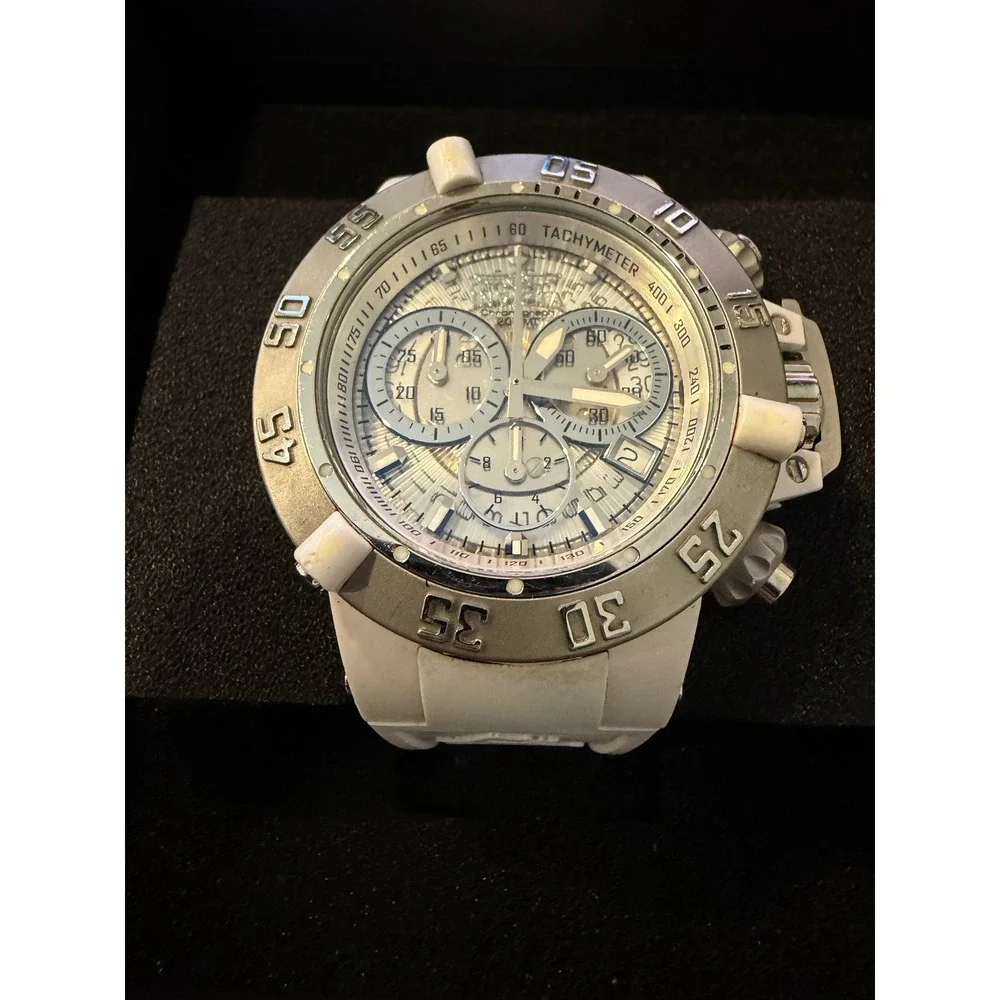 Invicta Subaqua Noma III 0933 Chronograph‎ White Silicone Watch 50mm Silver Dial